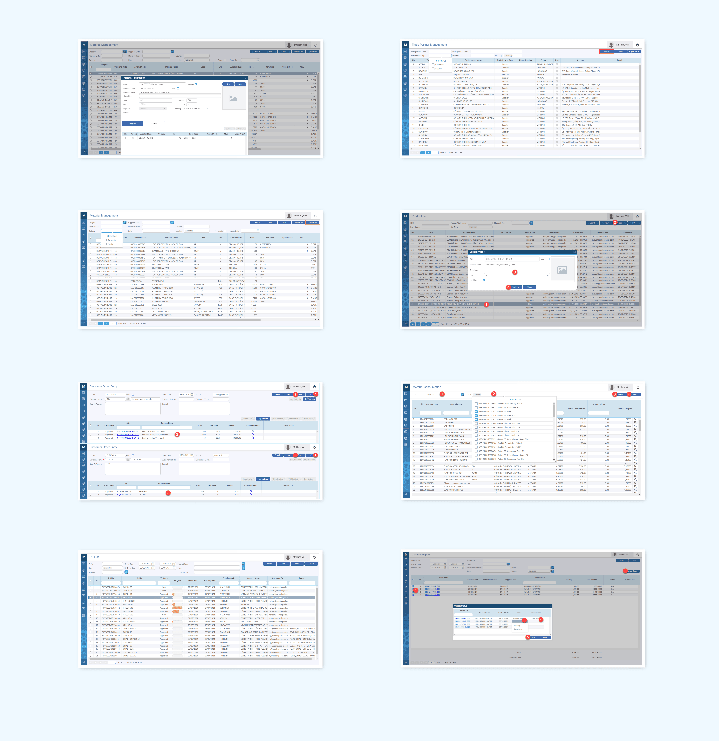 Collage of ProMES MRP application screens including material, order, and BOM management