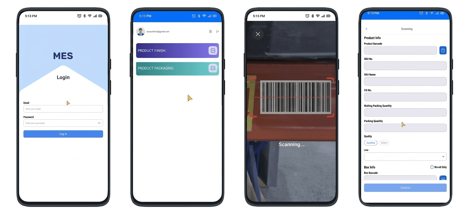 Core MES mobile app screens showing login, scanning, and product info