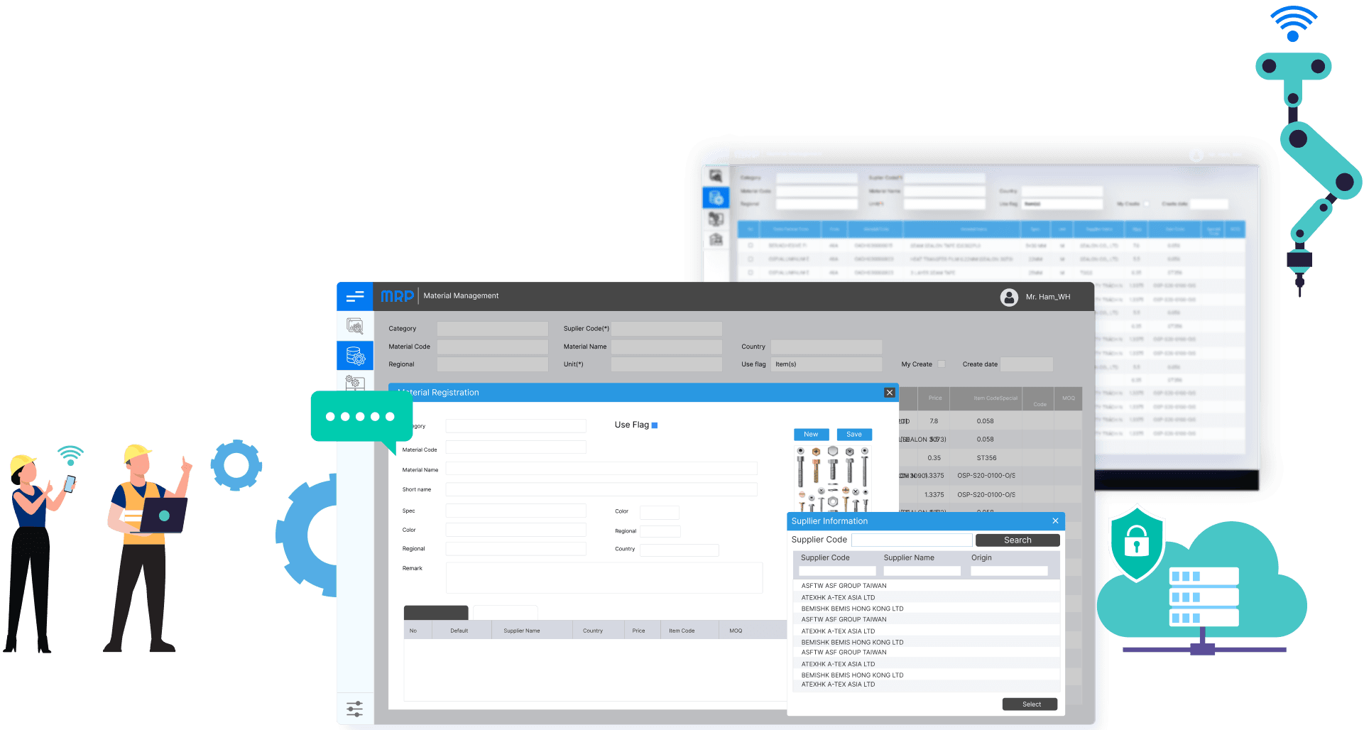 ProMES MRP Material Management dashboard showing material registration and supplier information