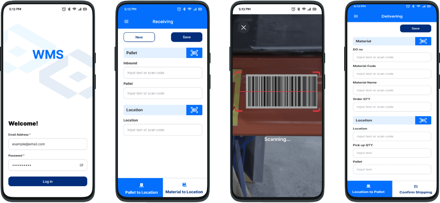 Scanning materials and location barcodes during receiving and shipping via PDA/Mobile App